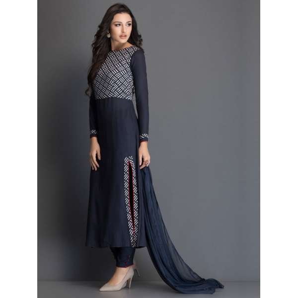 LONG LINE SALWAR KAMEEZ SUIT WITH PRINTED BODICE