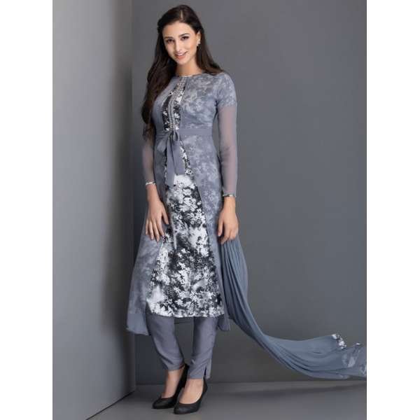 Grey Belted Jacket Dress Printed Readymade Indian Suit
