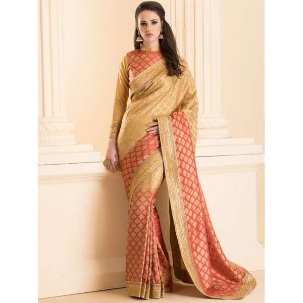 ZACS-28 PEACH BROCADE SAREE WITH MATCHING BLOUSE