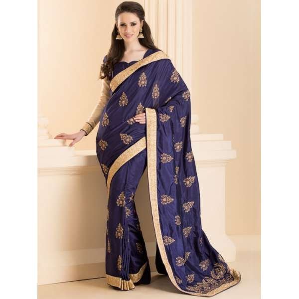 ZACS-26 NAVY BLUE INDIAN DESIGNER PARTY WEAR SAREE WITH FULL SLEEVE BLOUSE