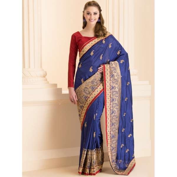 ZACS-29 NAVY BLUE FORMAL SAREE WITH GOLD MOTIFS AND STITCHED BLOUSE