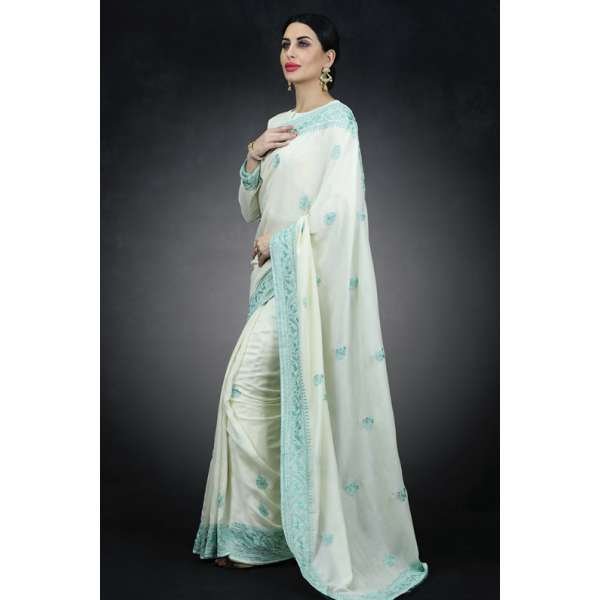 Ivory & Ferozi Embroidered Saree Indian Occasional Sari