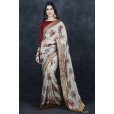 Fawn Floral Printed Saree Indian Party Wear Red Blouse Sari