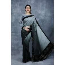 Grey & Black Embroidered Saree Indian Fancy Party Saree