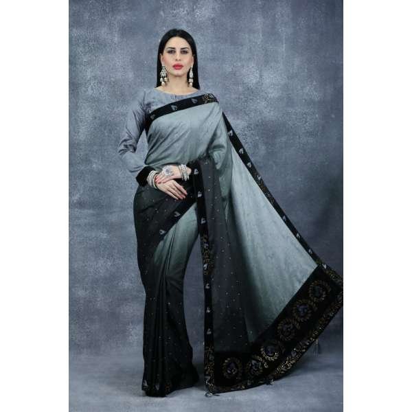 Grey & Black Embroidered Saree Indian Fancy Party Saree