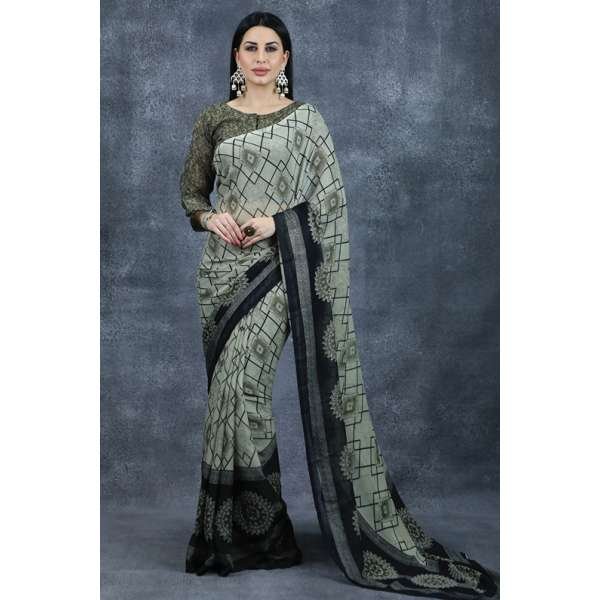 Olive Green Geometric Pattern Printed Saree Indian Casual Saree