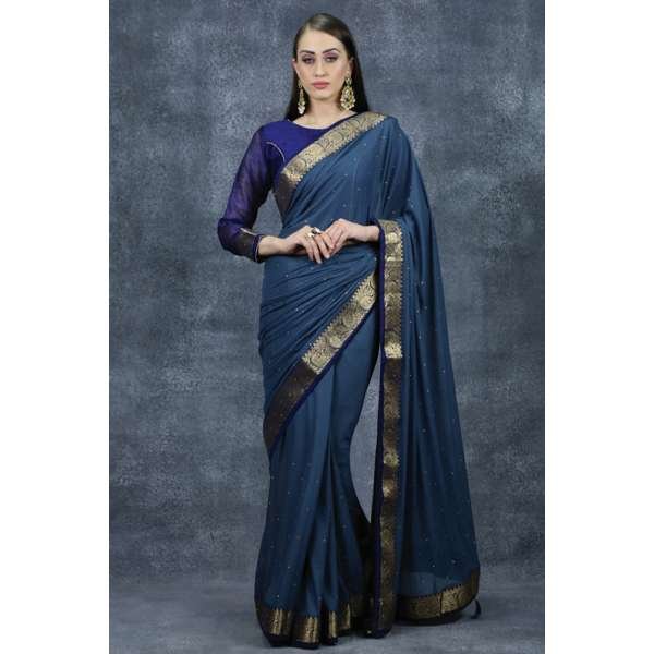 Teal Blue South Indian Saree Desi Festive Wear Online
