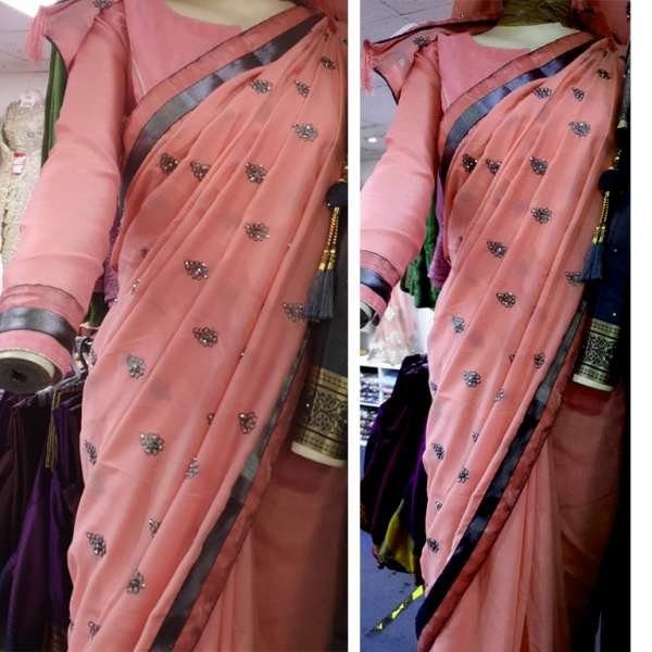 Peachy Pink Wedding Saree Indian Readymade Sari
