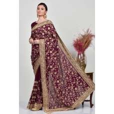 Dark Maroon Embroidered Designer Wedding Saree Dark Maroon Embroidered Designer Wedding Saree