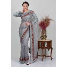 Grey Indian Designer Net Saree