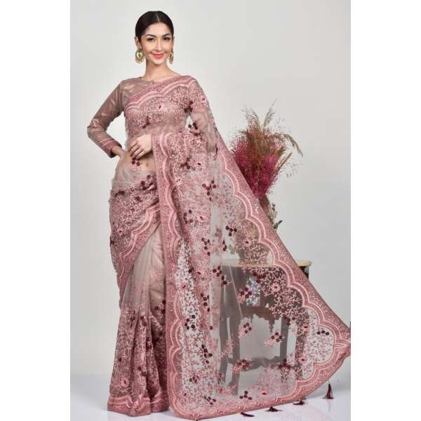 Dusty Pink Heavy Embroidered Net Saree