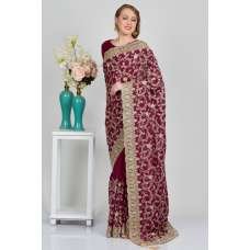 Plum Embroidered Crepe Indian Wedding Saree