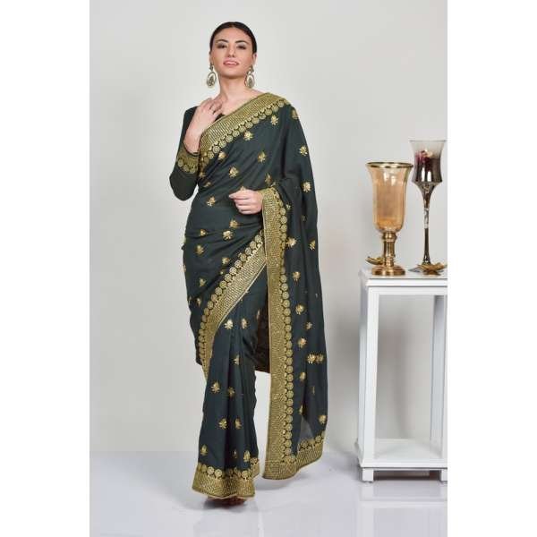 Dark Grey Party Wear Indian Designer Saree