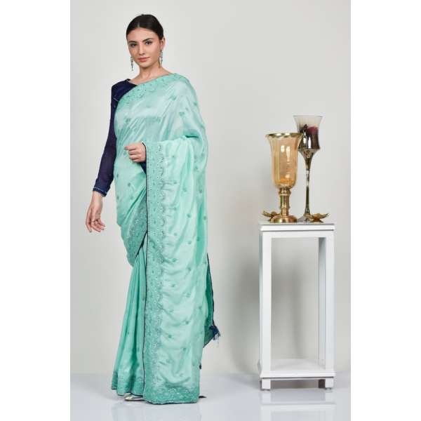Mint & Navy Blue Pakistani Designer Saree