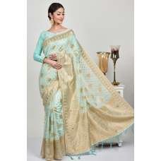 Mint Linen Heavy Embellished Wedding Saree
