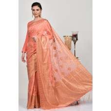 Coral Peach Linen Embroidered Wedding Saree