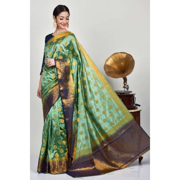 Mint Navy Blue Mix Banarasi Silk Saree