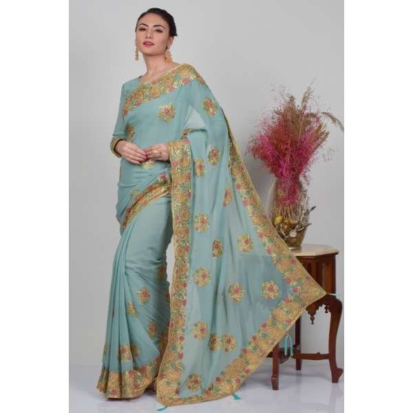 Light Grey Ethnic Embroidered Designer Saree
