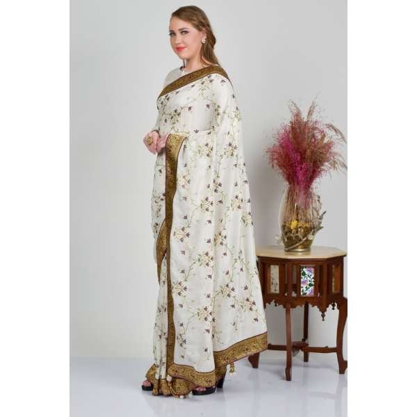 Off White Embroidered Traditional Designer Saree