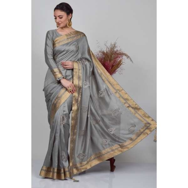 Grey Stitched Blouse Party Saree