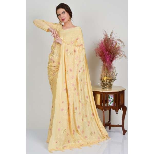 Lemon Yellow Embroidered Festive Summer Saree