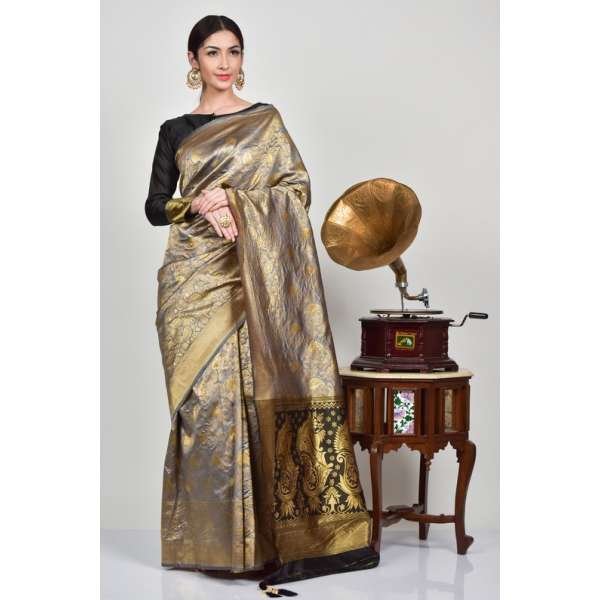 Grey & Black Designer Banarasi Indian Saree