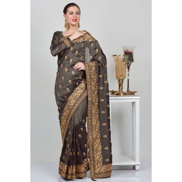 Choco Brown Embroidered Designer Saree