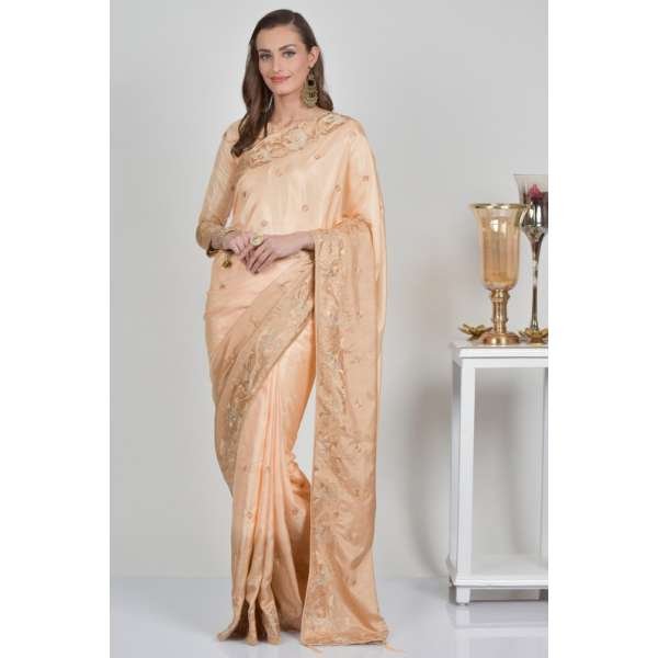 Beige Pakistani Designer Silk Saree
