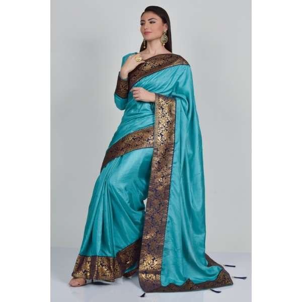 Ferozi Silk Casual Indian Brocade Border Saree