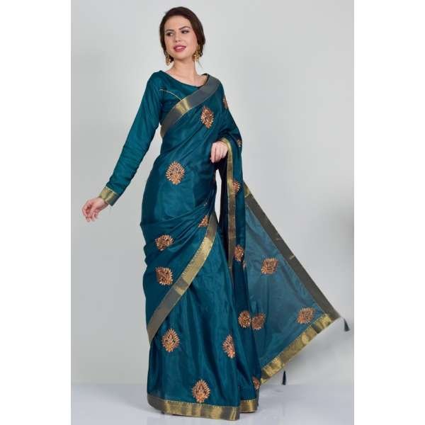 Teal Blue Silk Embroidered Wedding Saree