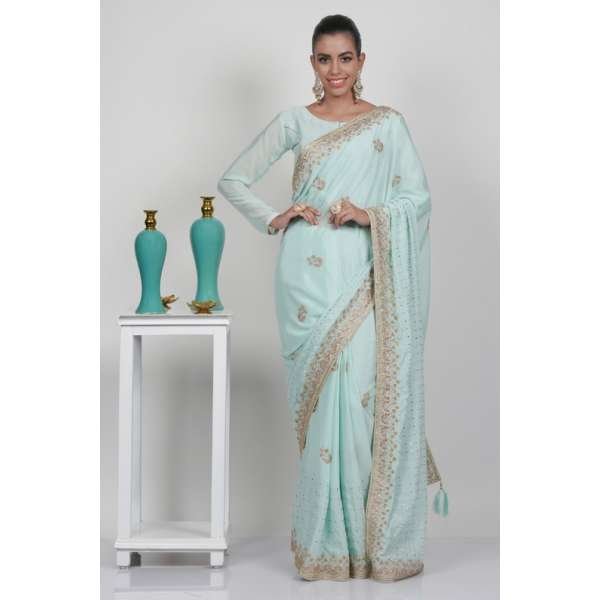 Elegant Mint Embroidered Wedding Wear Indian Fancy Saree