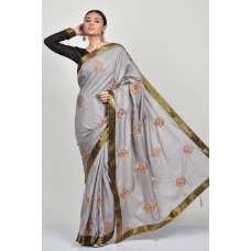 Grey Silk Embroidered Festive Saree