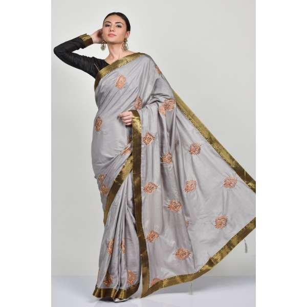 Grey Silk Embroidered Festive Saree