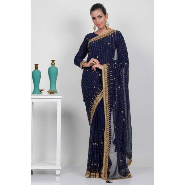 Navy Blue Indian Embellished Party Saree