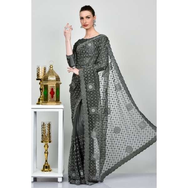 Dark Grey Pakistani Designer Bridal Saree