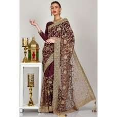 Dark Maroon Embroidered Bridal Saree