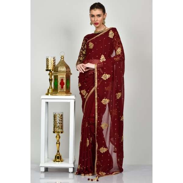 Maroon Gold Ethnic Evening Saree