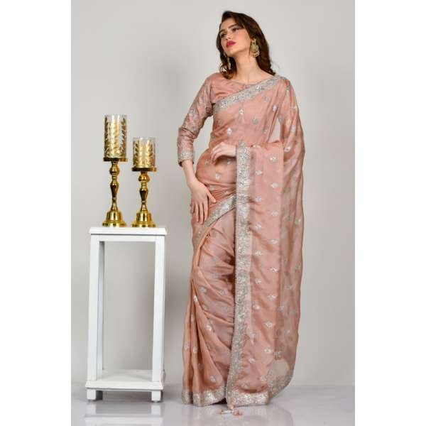 Pink Embellished Sequin Organza Saree