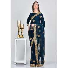 Peacock Blue Pakistani Designer Evening Saree