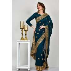 Peacock Green Brocade Indian Party Saree