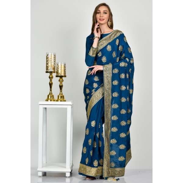 Teal Blue Indian Brocade Style Saree