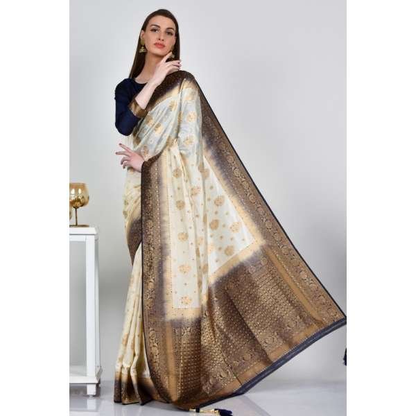 Cream Navy Blue Brocade Stylish Indian Saree