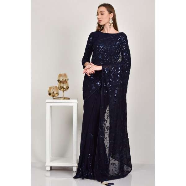 Navy Blue Embellished Evening Saree
