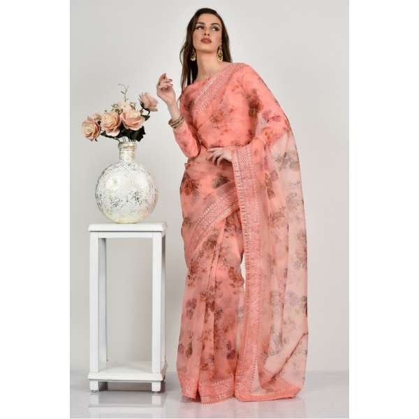 Peach Floral Printed Summer Party Saree