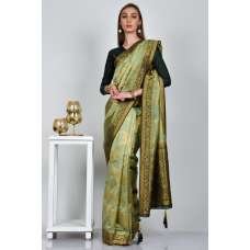 Pista Dark Green Indian Designer Banarasi Saree