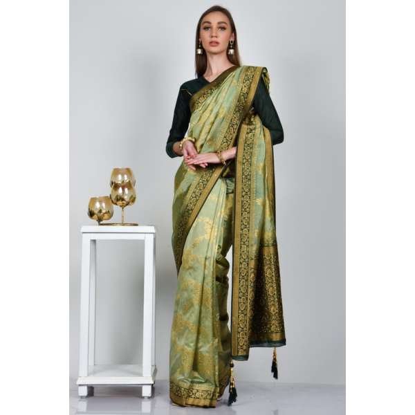 Pista Dark Green Indian Designer Banarasi Saree