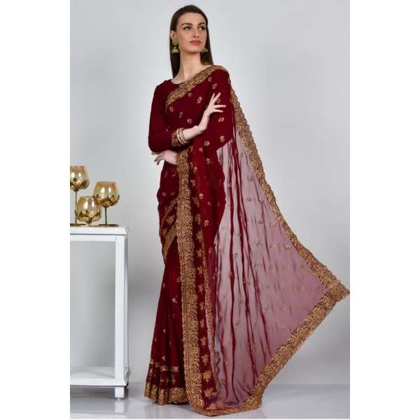 Dark Maroon Embroidered Pakistani Saree