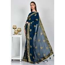 Petrol Blue Embroidered Evening Party Saree