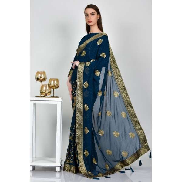 Petrol Blue Embroidered Evening Party Saree