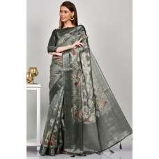 Moss Green Floral Printed Silk Saree